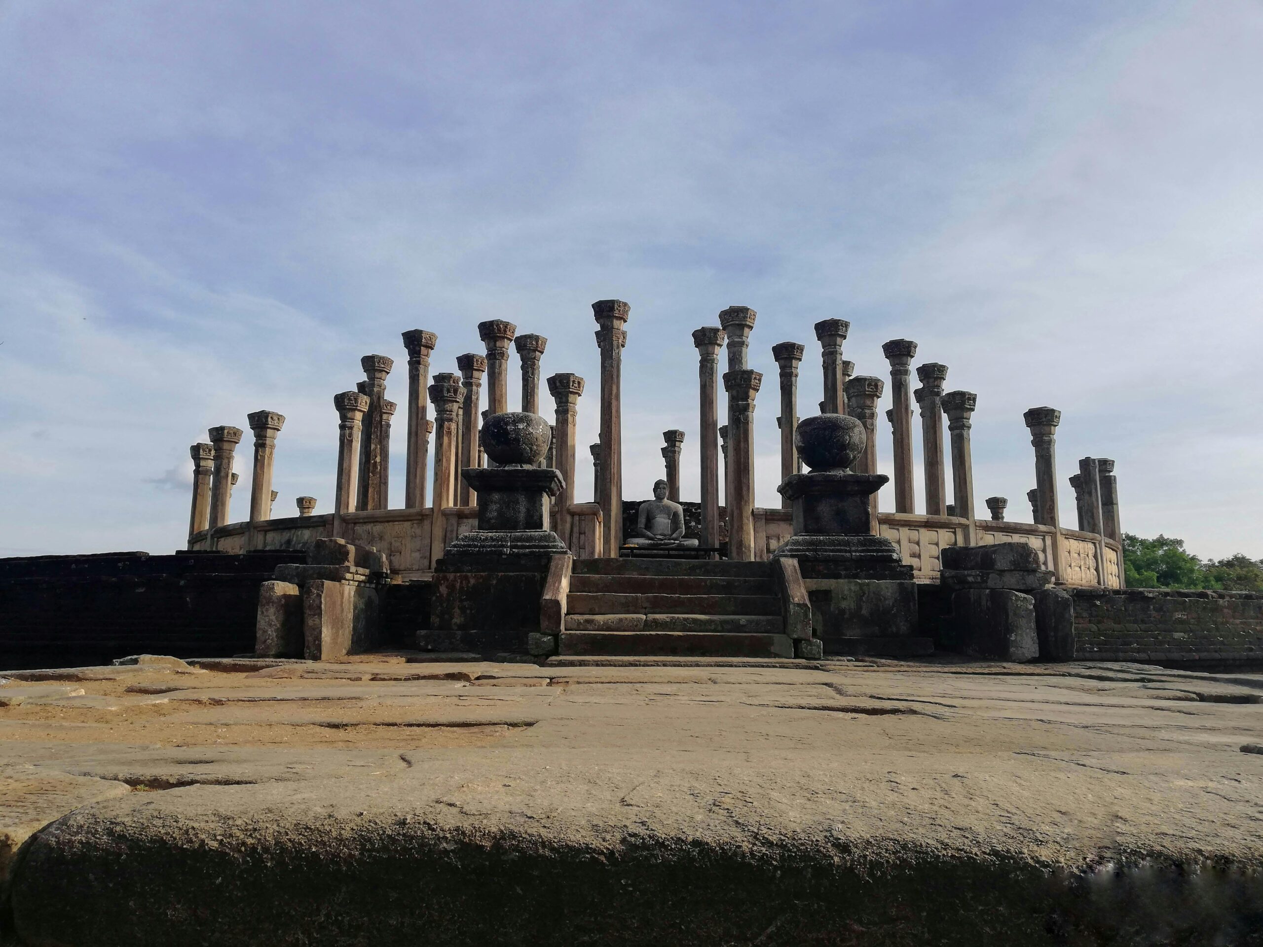 Explore the historic Medirigiriya Vatadage with ancient columns in Polonnaruwa, Sri Lanka.